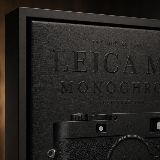 Close-up detail of Leica M11 Monochrom camera wall artwork