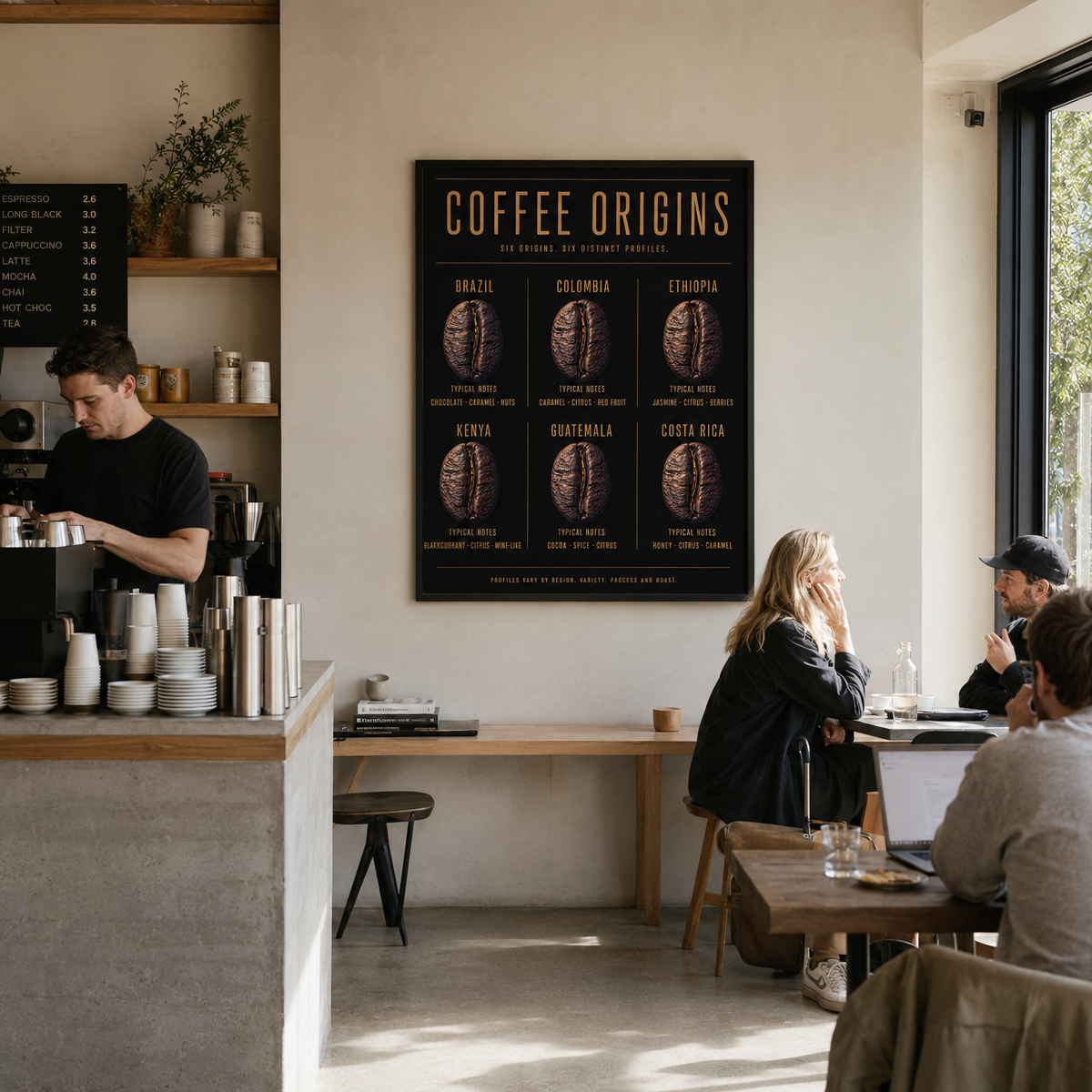 Framed Coffee Origins wall art featuring coffee origins and flavour notes displayed in a contemporary interior