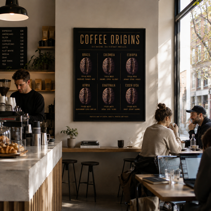 Framed Coffee Origins wall art featuring coffee origins and flavour notes displayed in a contemporary interior