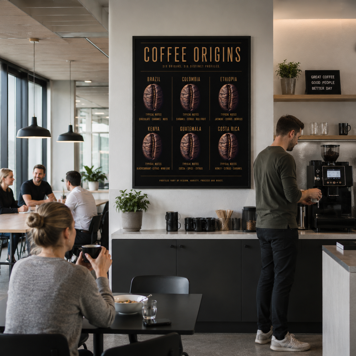Framed Coffee Origins wall art featuring coffee origins and flavour notes displayed in a contemporary interior