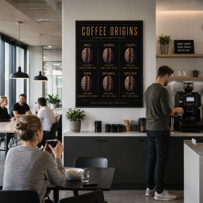 Framed Coffee Origins wall art featuring coffee origins and flavour notes displayed in a contemporary interior