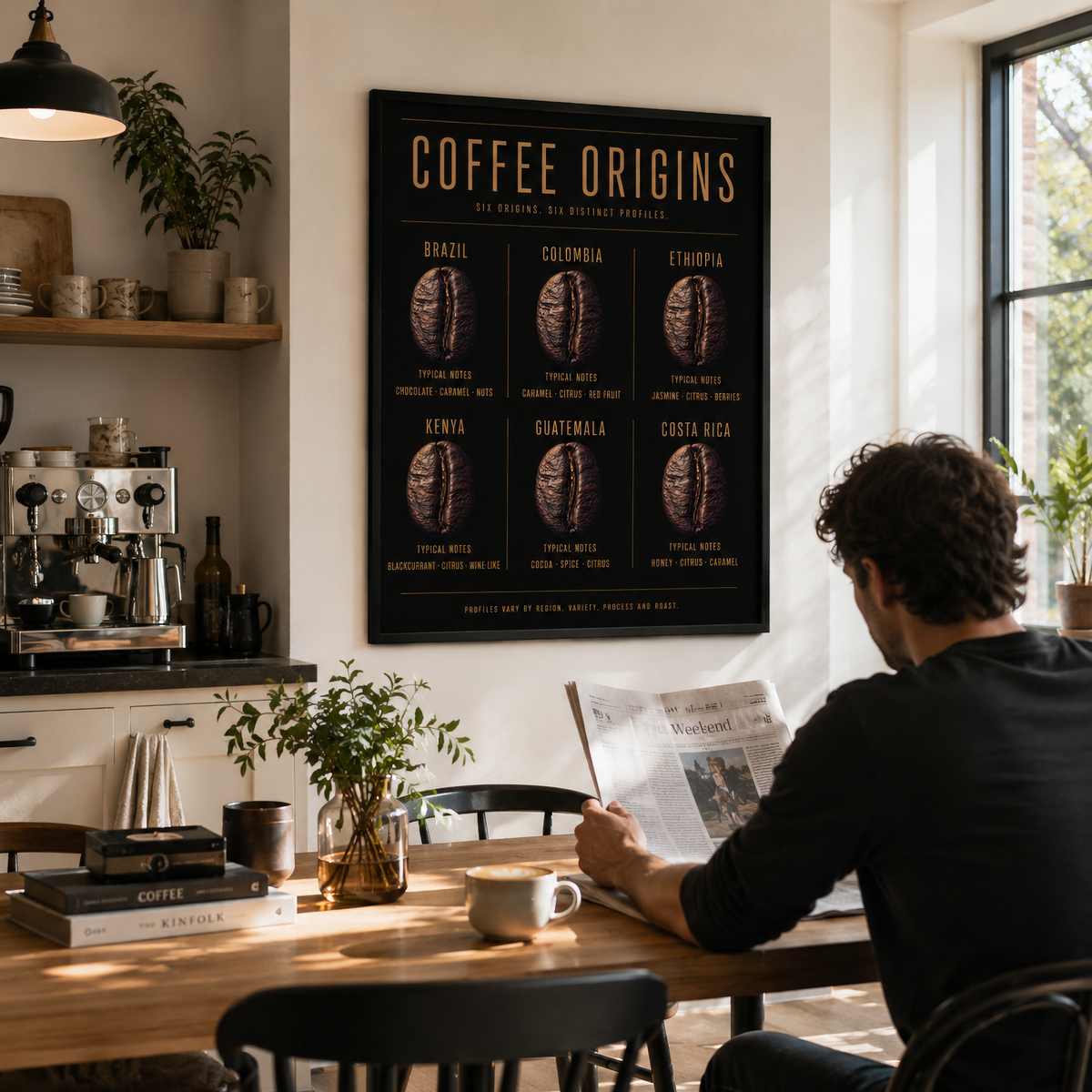 Framed Coffee Origins wall art featuring coffee origins and flavour notes displayed in a contemporary interior