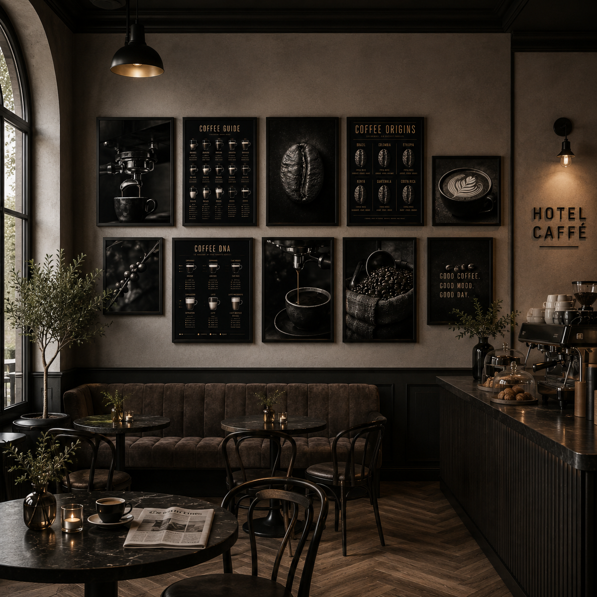 Framed Coffee Origins wall art featuring coffee origins and flavour notes displayed in a contemporary interior