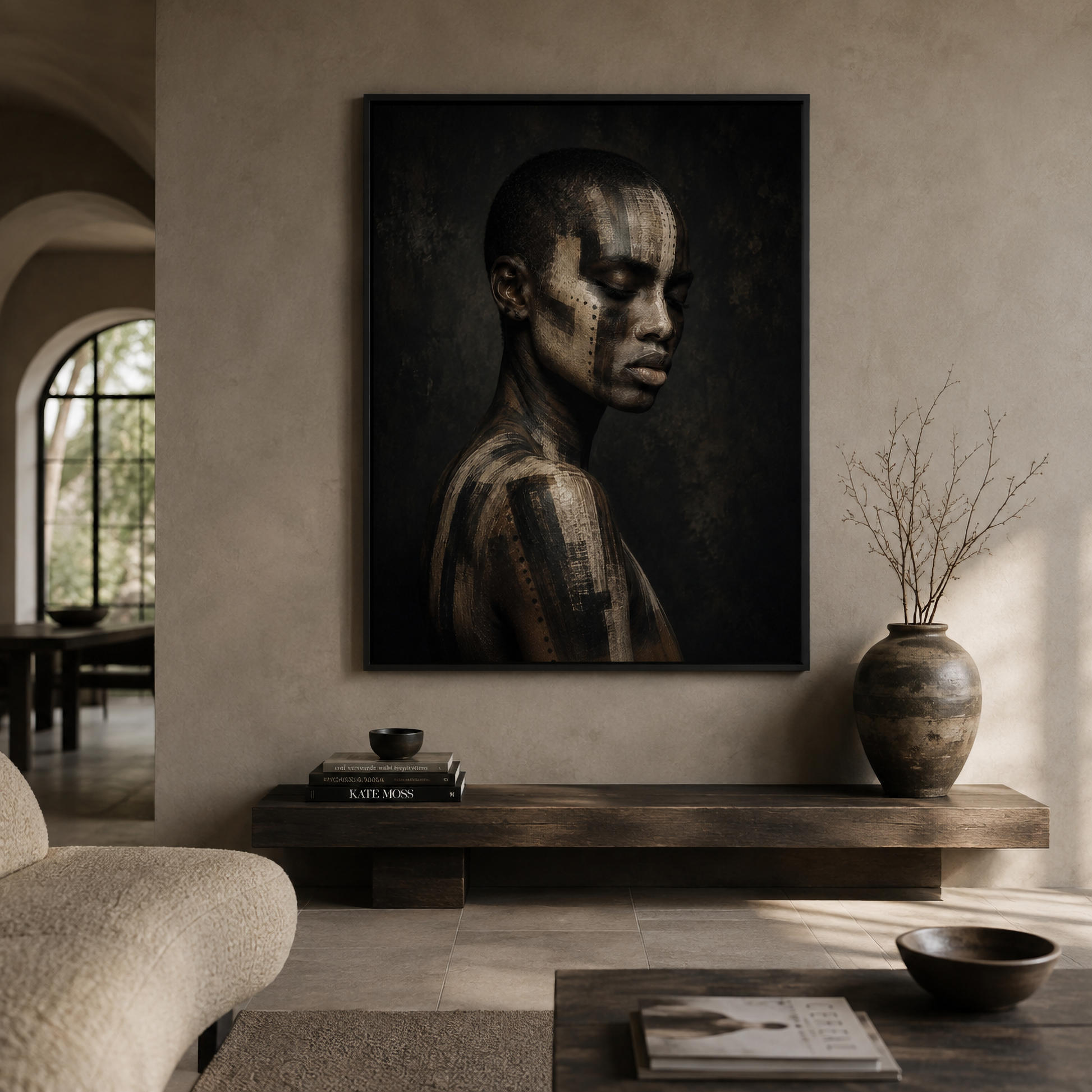 Framed abstract ASH II artwork with distressed layered textures displayed in a contemporary interior