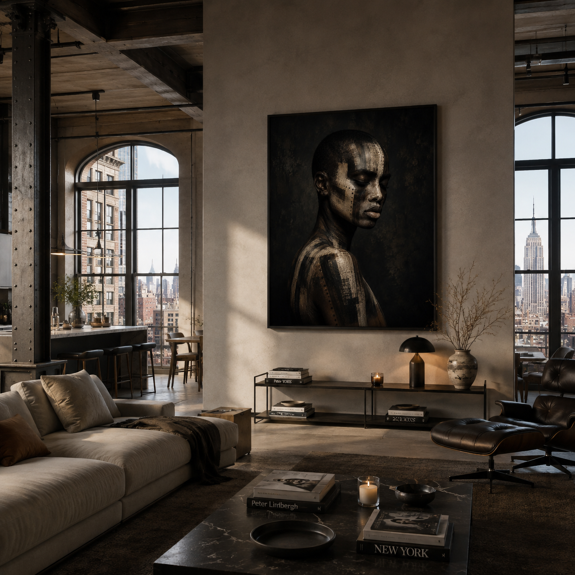 Framed abstract ASH II artwork with distressed layered textures displayed in a contemporary interior