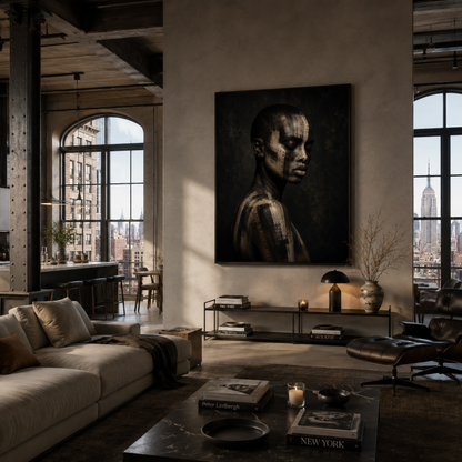 Framed abstract ASH II artwork with distressed layered textures displayed in a contemporary interior
