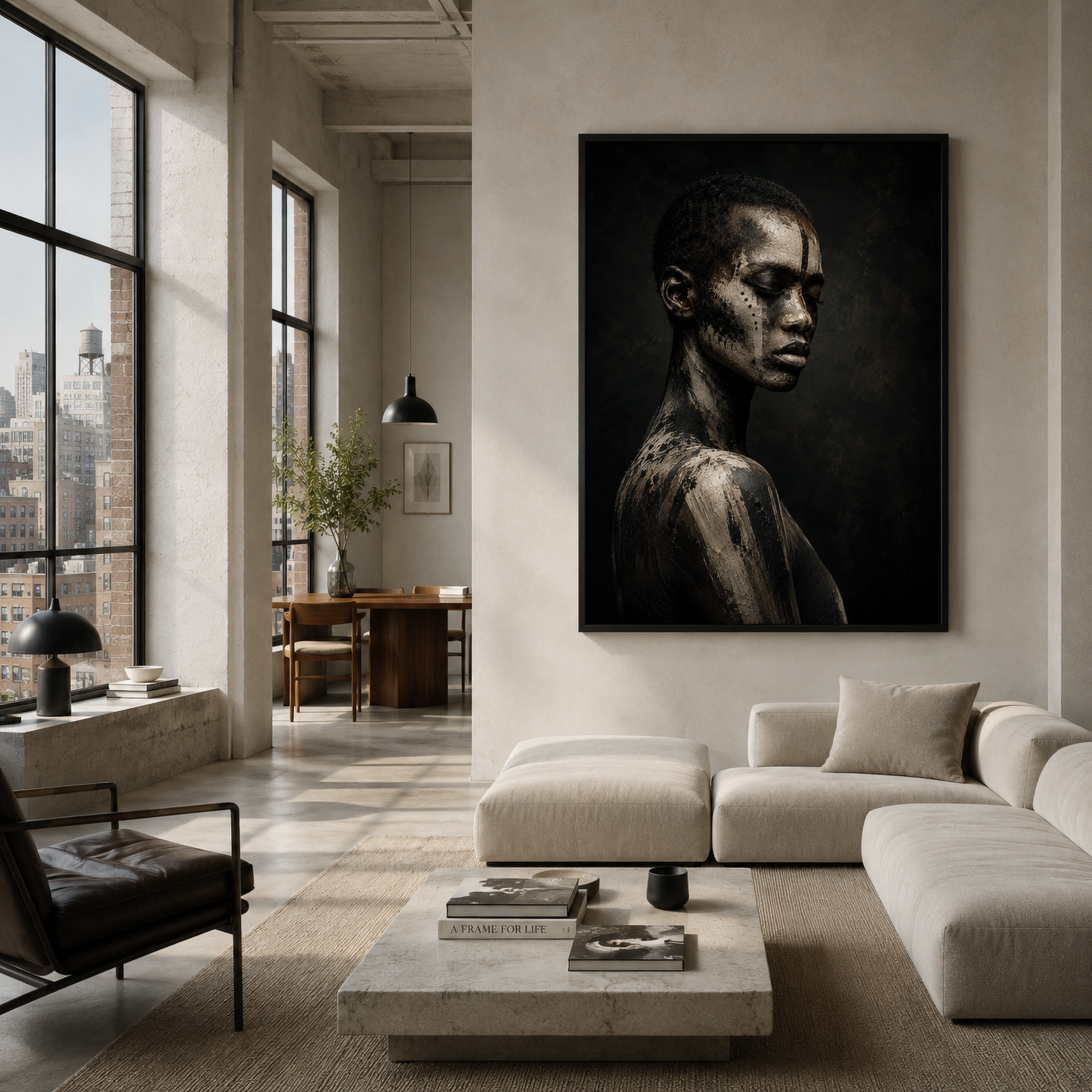 Framed abstract ASH III artwork with distressed layered textures displayed in a contemporary interior