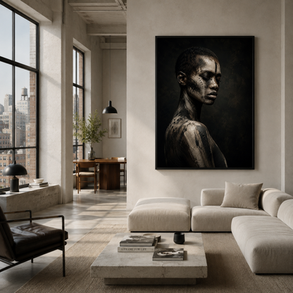 Framed abstract ASH III artwork with distressed layered textures displayed in a contemporary interior
