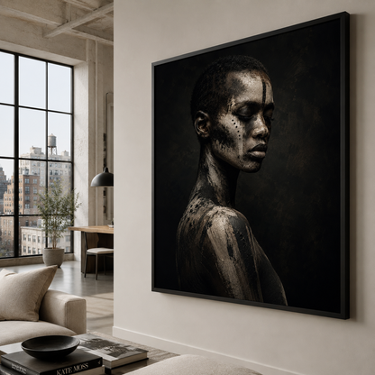 Framed abstract ASH III artwork with distressed layered textures displayed in a contemporary interior