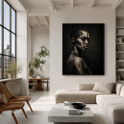 Framed abstract ASH III artwork with distressed layered textures displayed in a contemporary interior
