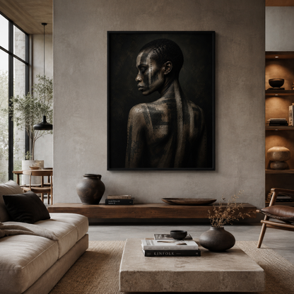 Framed abstract ASH I artwork with distressed layered textures displayed in a contemporary interior