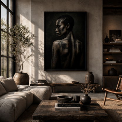 Framed abstract ASH I artwork with distressed layered textures displayed in a contemporary interior