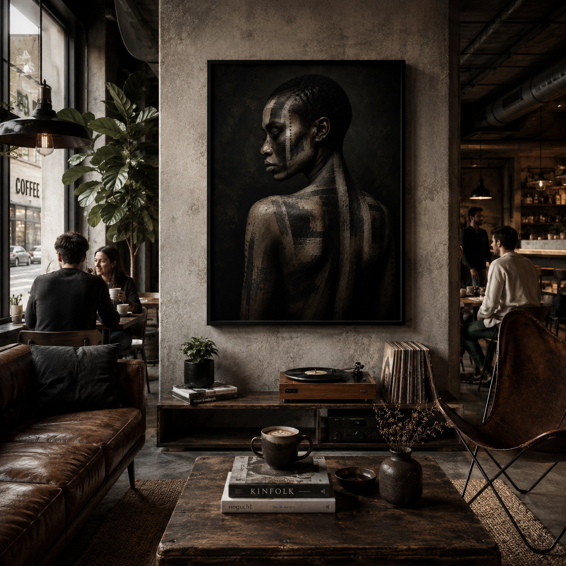 Framed abstract ASH I artwork with distressed layered textures displayed in a contemporary interior