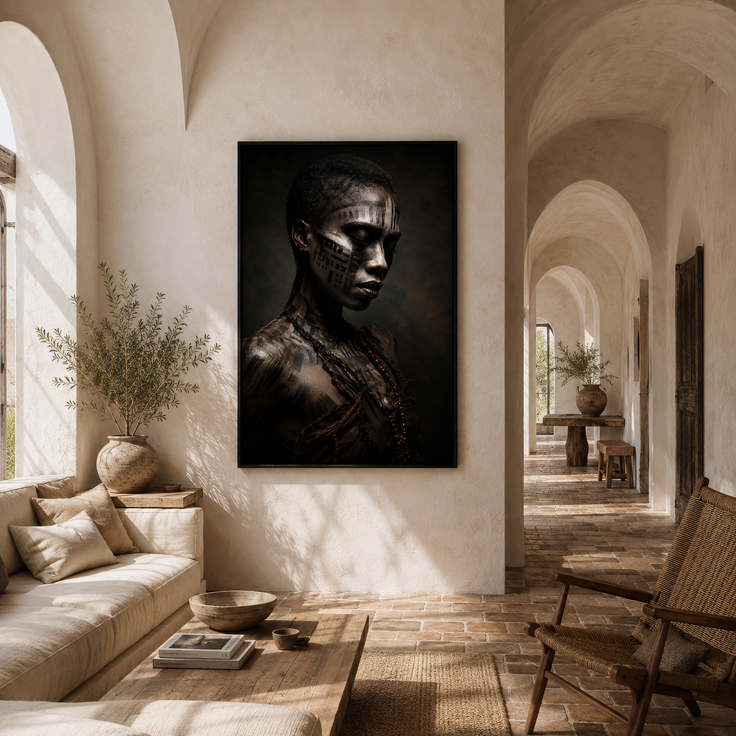 Framed abstract ASH I artwork with distressed layered textures displayed in a contemporary interior