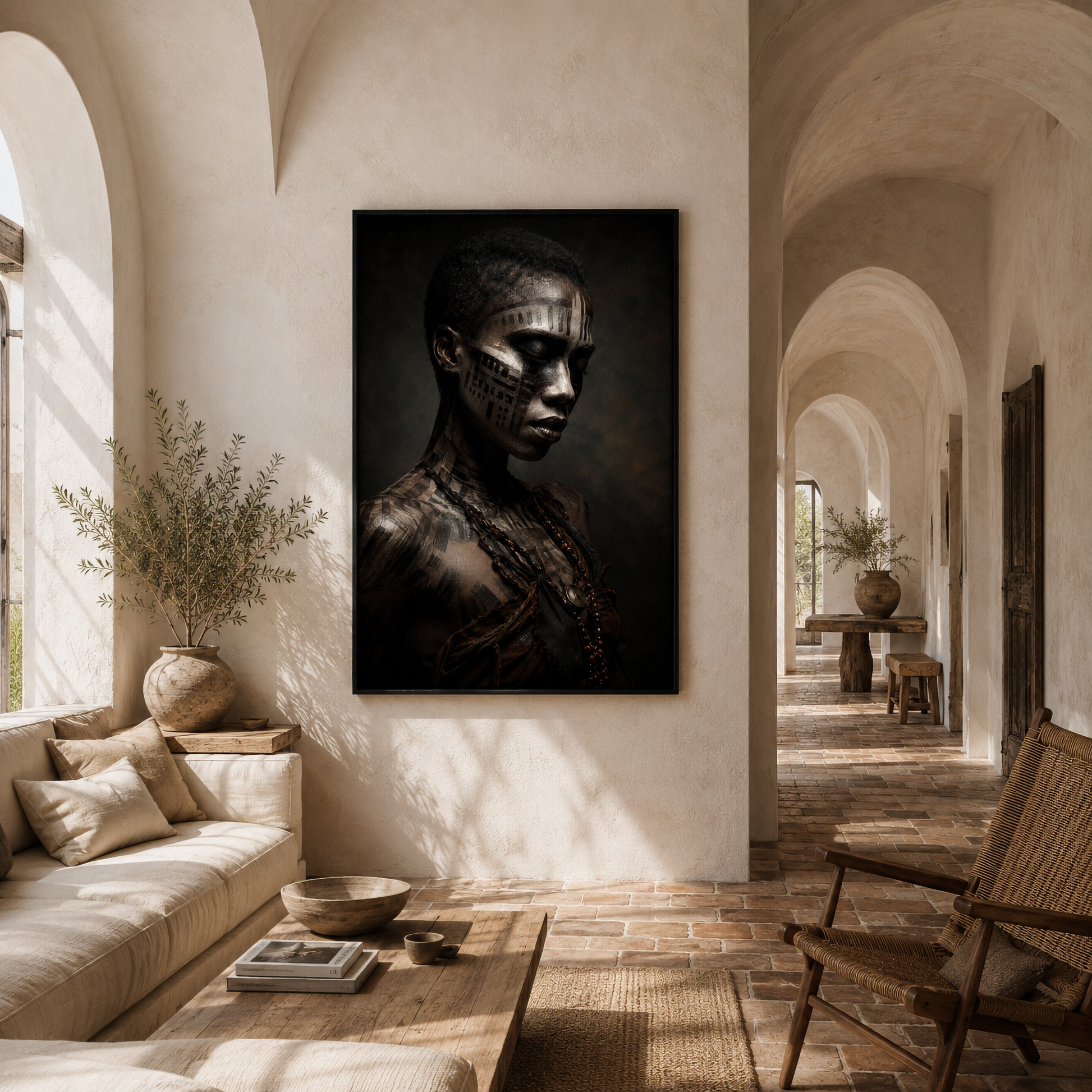 Framed abstract ASH I artwork with distressed layered textures displayed in a contemporary interior