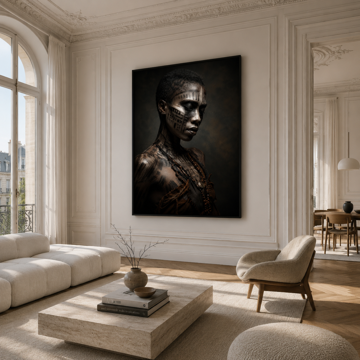 Framed abstract ASH I artwork with distressed layered textures displayed in a contemporary interior