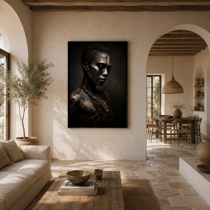 Framed abstract ASH I artwork with distressed layered textures displayed in a contemporary interior