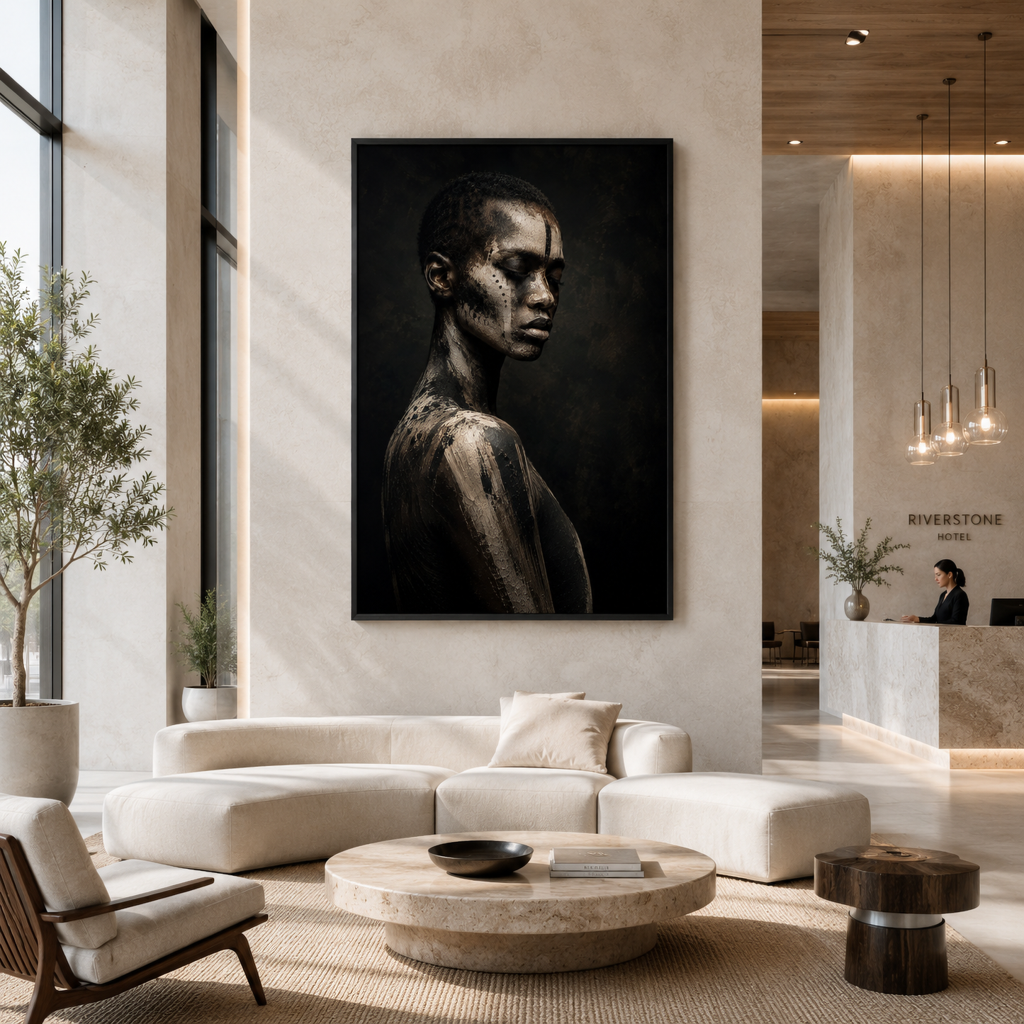 Framed abstract ASH V artwork with distressed layered textures displayed in a contemporary interior