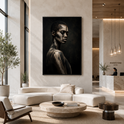 Framed abstract ASH V artwork with distressed layered textures displayed in a contemporary interior