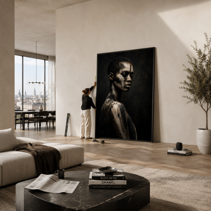 Framed abstract ASH V artwork with distressed layered textures displayed in a contemporary interior