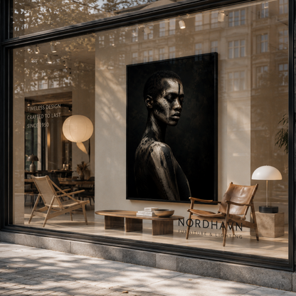 Framed abstract ASH V artwork with distressed layered textures displayed in a contemporary interior