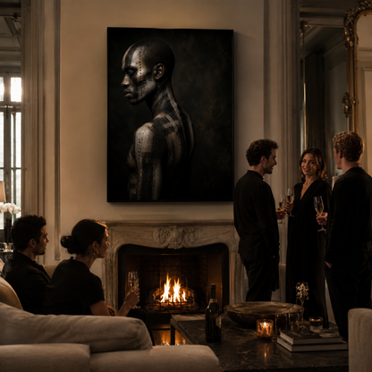Framed abstract ASH VI artwork with distressed layered textures displayed in a contemporary interior
