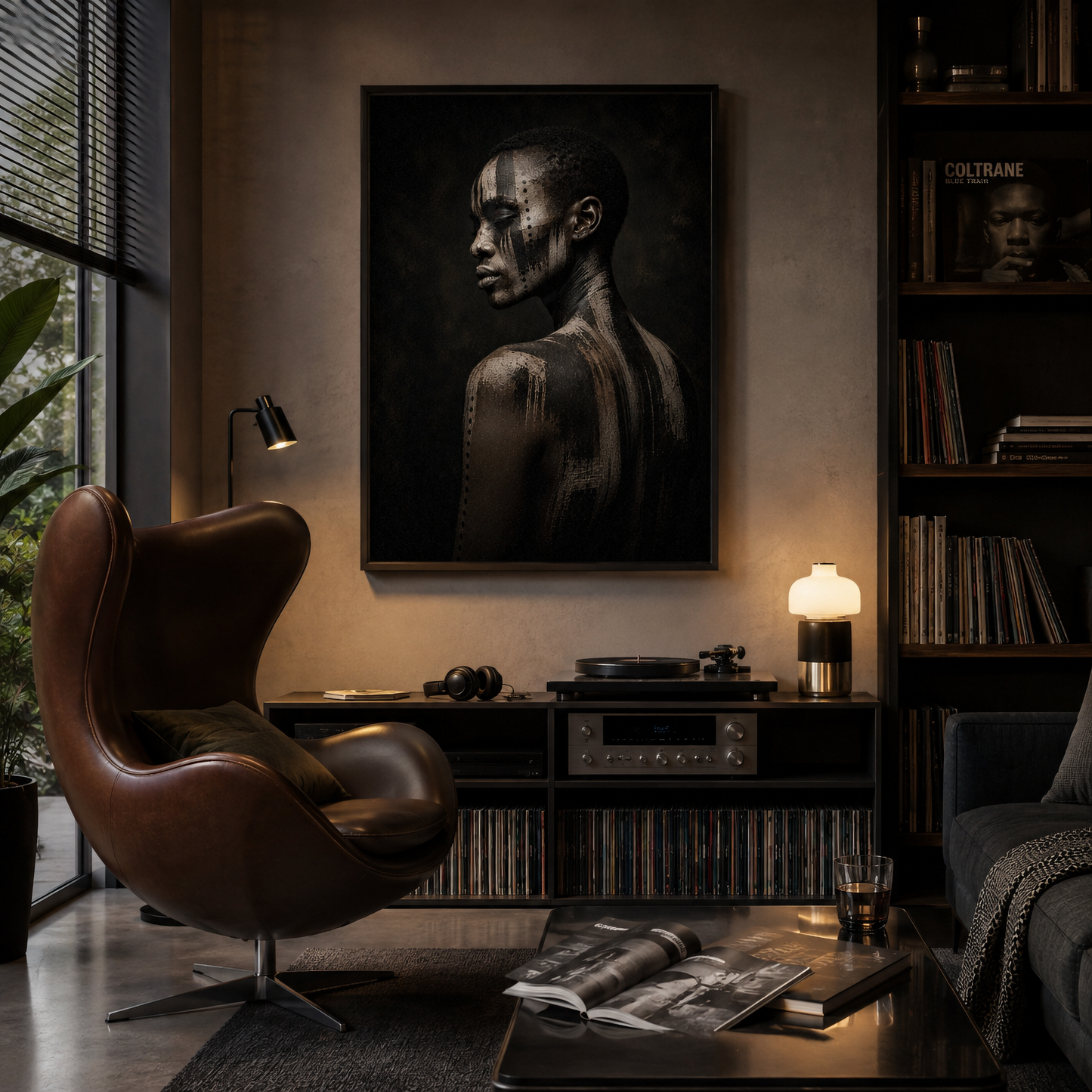 Framed abstract ASH VII artwork with distressed layered textures displayed in a contemporary interior