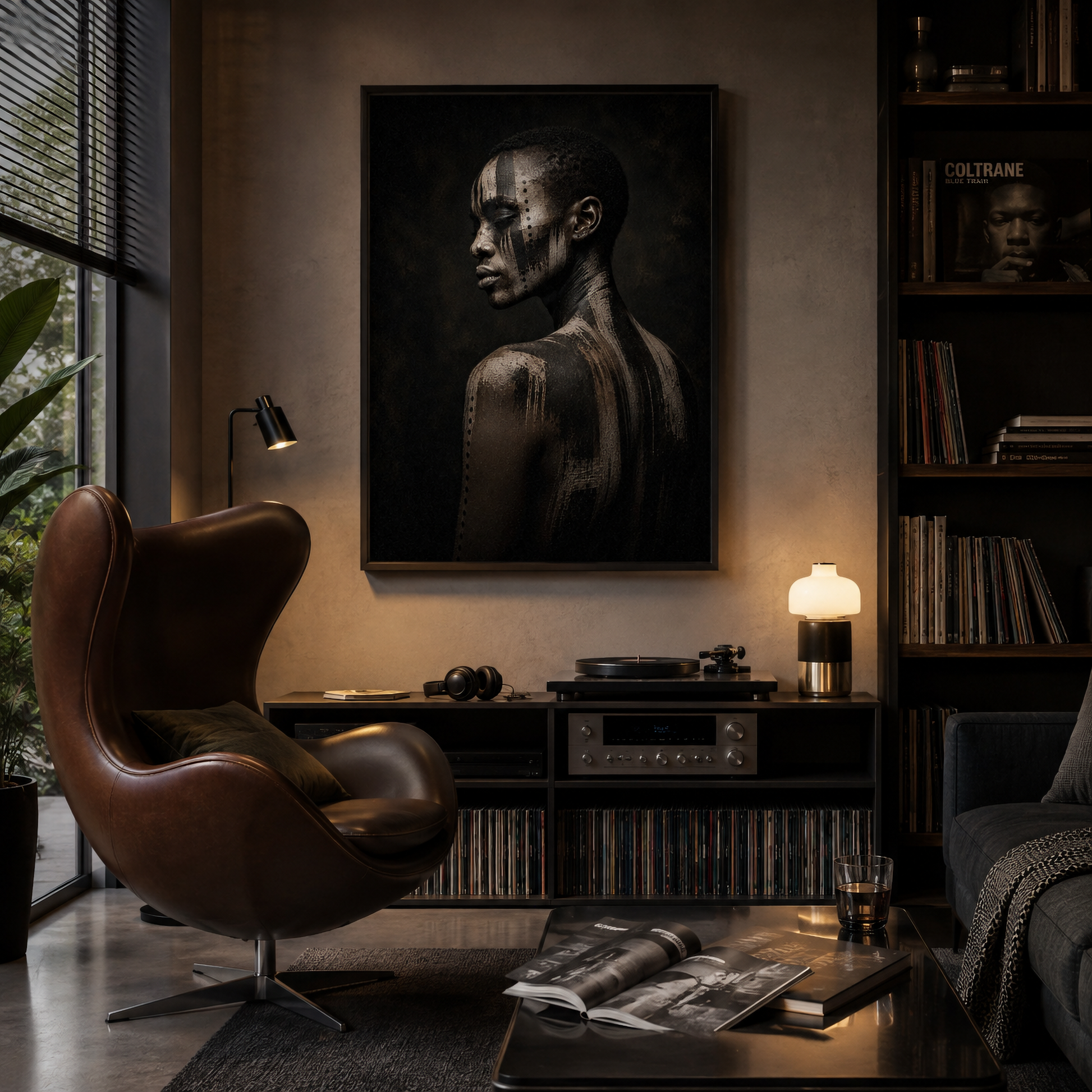 Framed abstract ASH VII artwork with distressed layered textures displayed in a contemporary interior