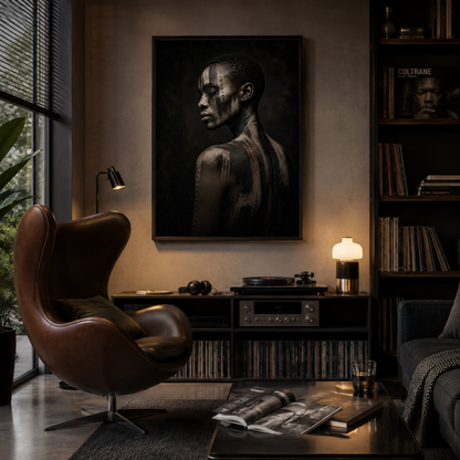 Framed abstract ASH VII artwork with distressed layered textures displayed in a contemporary interior