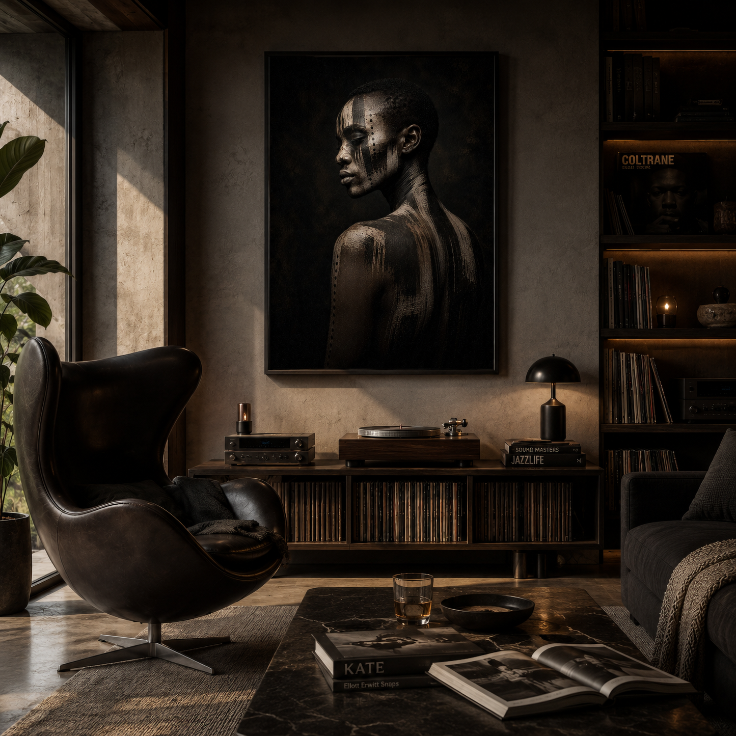 Framed abstract ASH VII artwork with distressed layered textures displayed in a contemporary interior