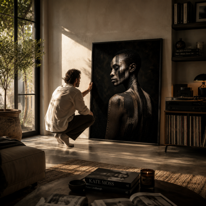 Framed abstract ASH VII artwork with distressed layered textures displayed in a contemporary interior