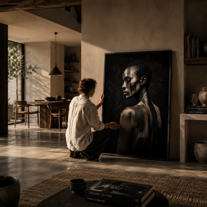 Framed abstract ASH VII artwork with distressed layered textures displayed in a contemporary interior