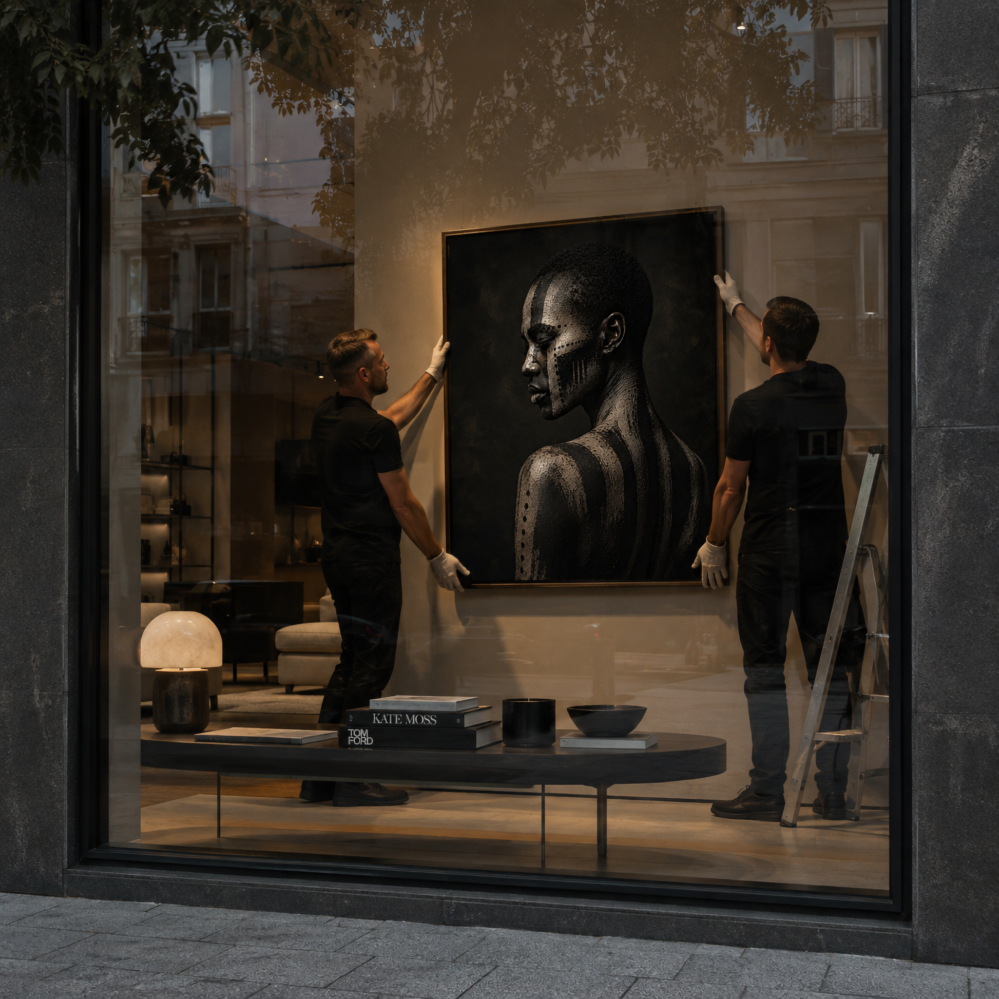 Framed abstract ASH VIII artwork with distressed layered textures displayed in a contemporary interior
