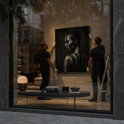 Framed abstract ASH VIII artwork with distressed layered textures displayed in a contemporary interior