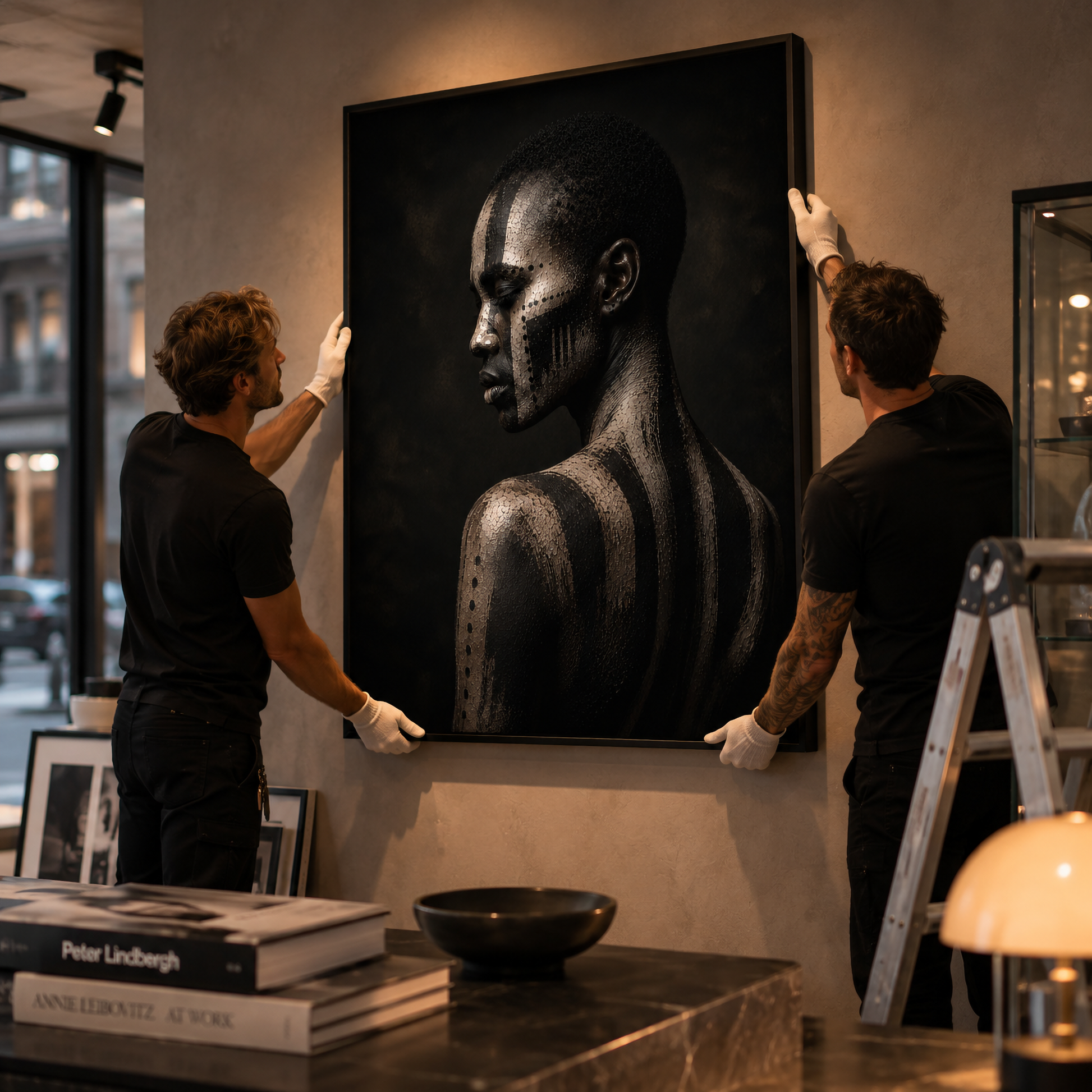 Framed abstract ASH VIII artwork with distressed layered textures displayed in a contemporary interior