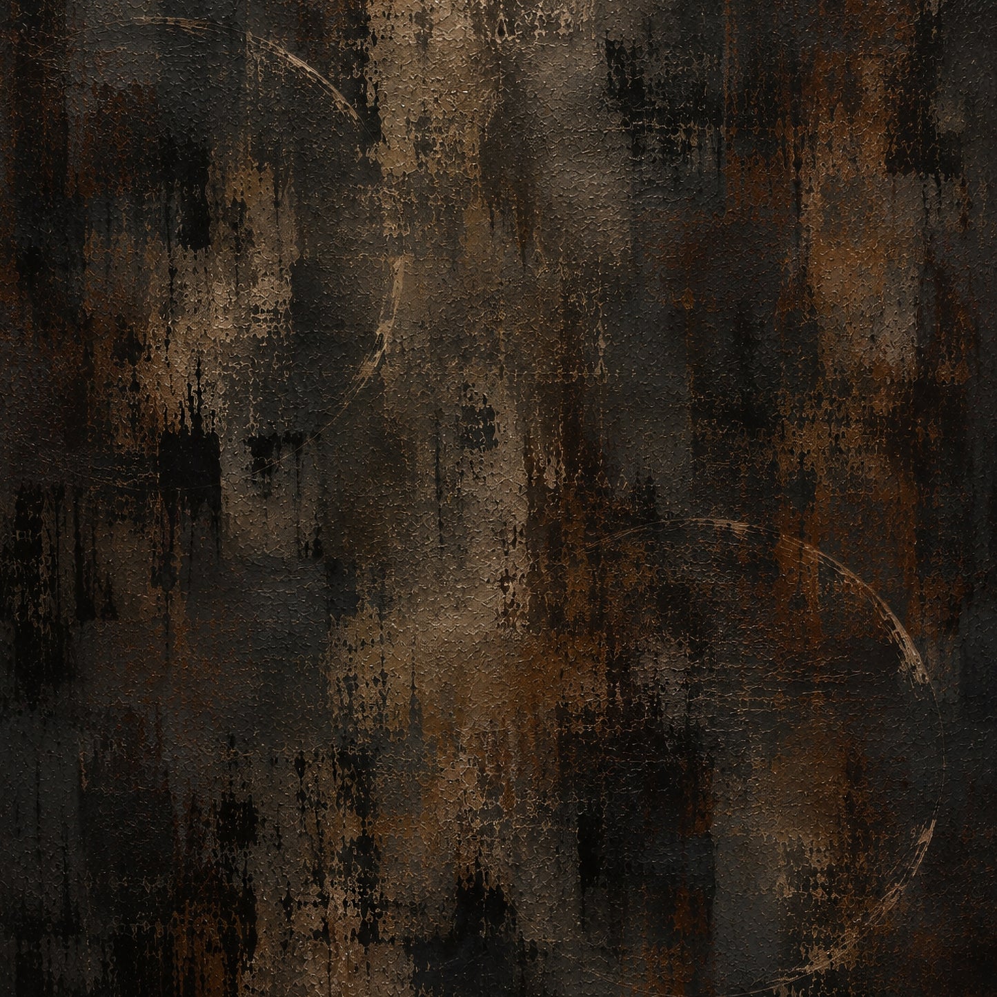 Residual Motion abstract artwork with layered charcoal, burnt umber and bronze textures concealing a subtle human figure in motion