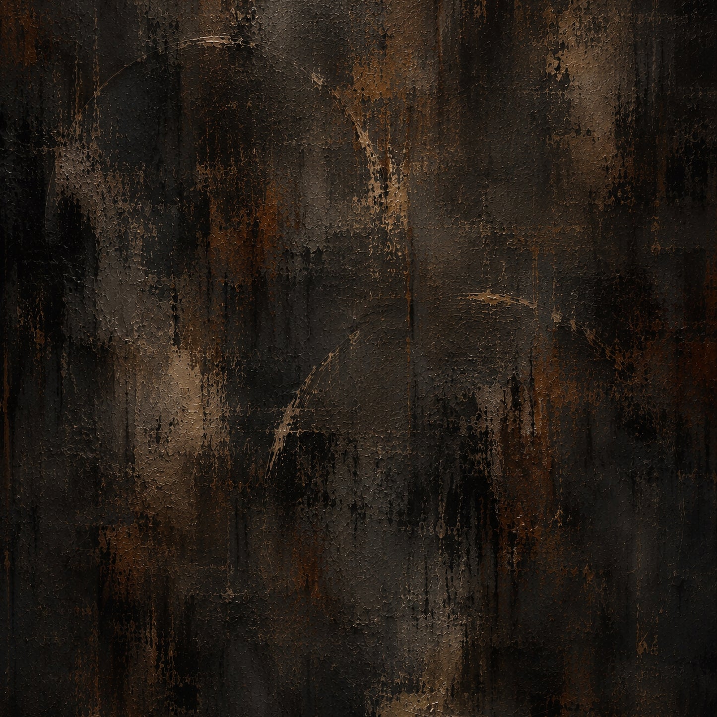 Dark textured abstract artwork in charcoal, brown and muted bronze with distressed layers concealing the fragmented form of a human face