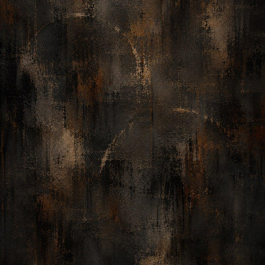 Dark textured abstract artwork in charcoal, brown and muted bronze with distressed layers concealing the fragmented form of a human face