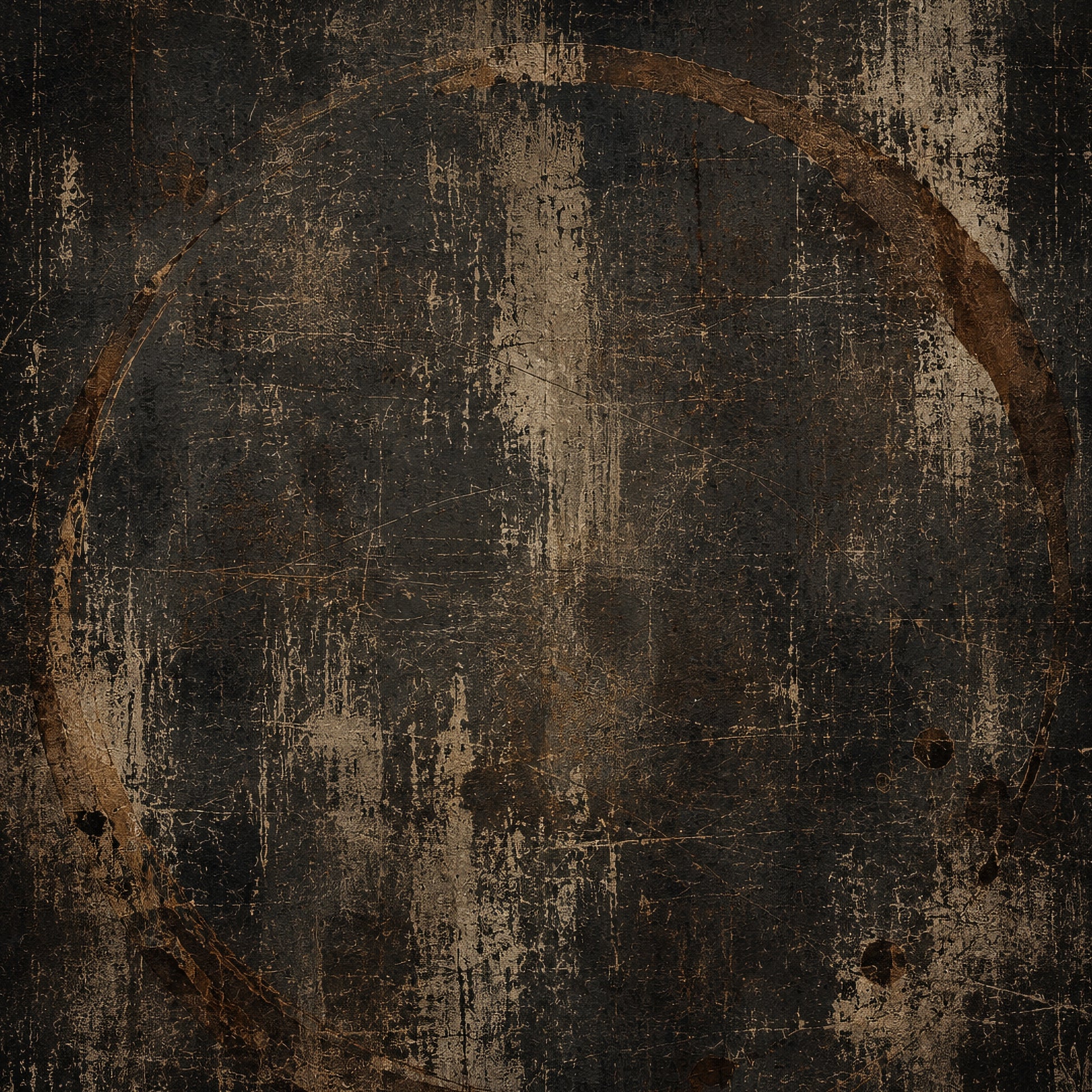Dark distressed abstract artwork with charcoal and bronze textures concealing a weathered coffee cup ring and subtle vertical drip