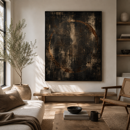 Framed dark distressed abstract artwork with a weathered coffee cup ring displayed in a contemporary interior