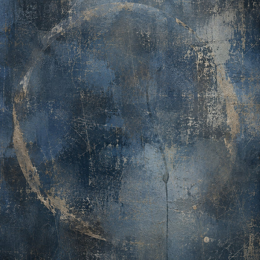 Dark blue abstract artwork with distressed slate and charcoal textures, an imperfect circular trace and subtle downward moisture stains