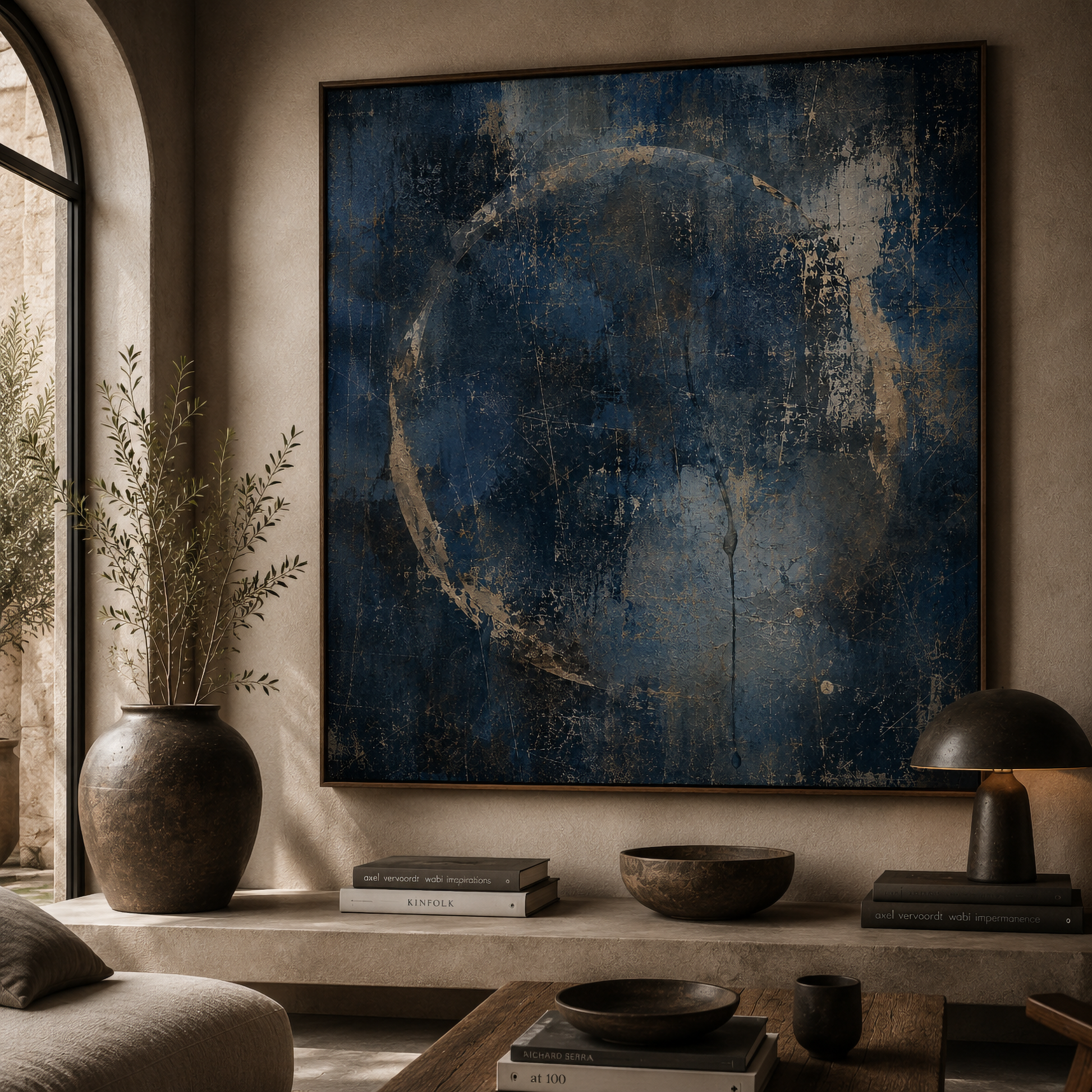 Framed dark blue abstract artwork with a circular trace and downward stain displayed in a contemporary interior