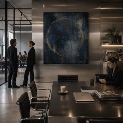 Framed dark blue abstract artwork with a circular trace and downward stain displayed in a contemporary interior