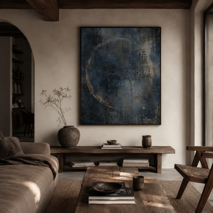 Framed dark blue abstract artwork with a circular trace and downward stain displayed in a contemporary interior