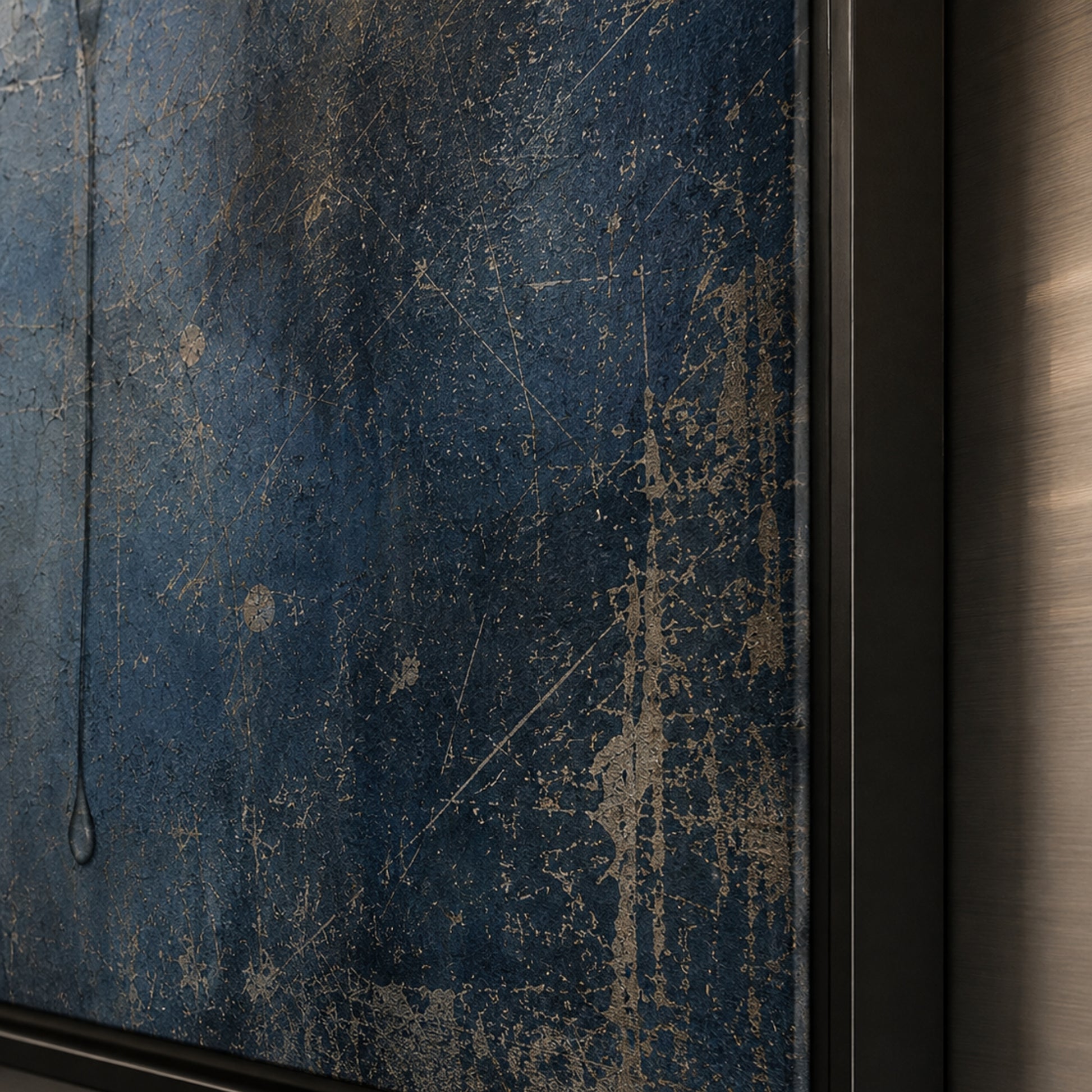 Framed dark blue abstract artwork with a circular trace and downward stain displayed in a contemporary interior