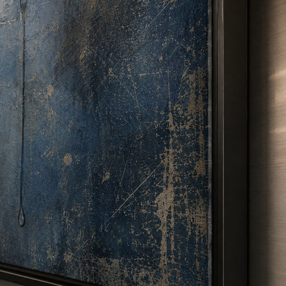 Framed dark blue abstract artwork with a circular trace and downward stain displayed in a contemporary interior