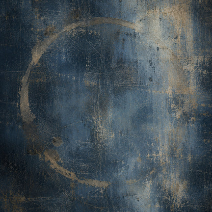 Weathered blue abstract artwork inspired by condensation water marks, with a large imperfect ring, smaller droplet traces and a subtle moisture stain