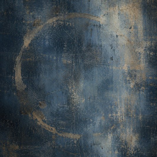 Weathered blue abstract artwork inspired by condensation water marks, with a large imperfect ring, smaller droplet traces and a subtle moisture stain