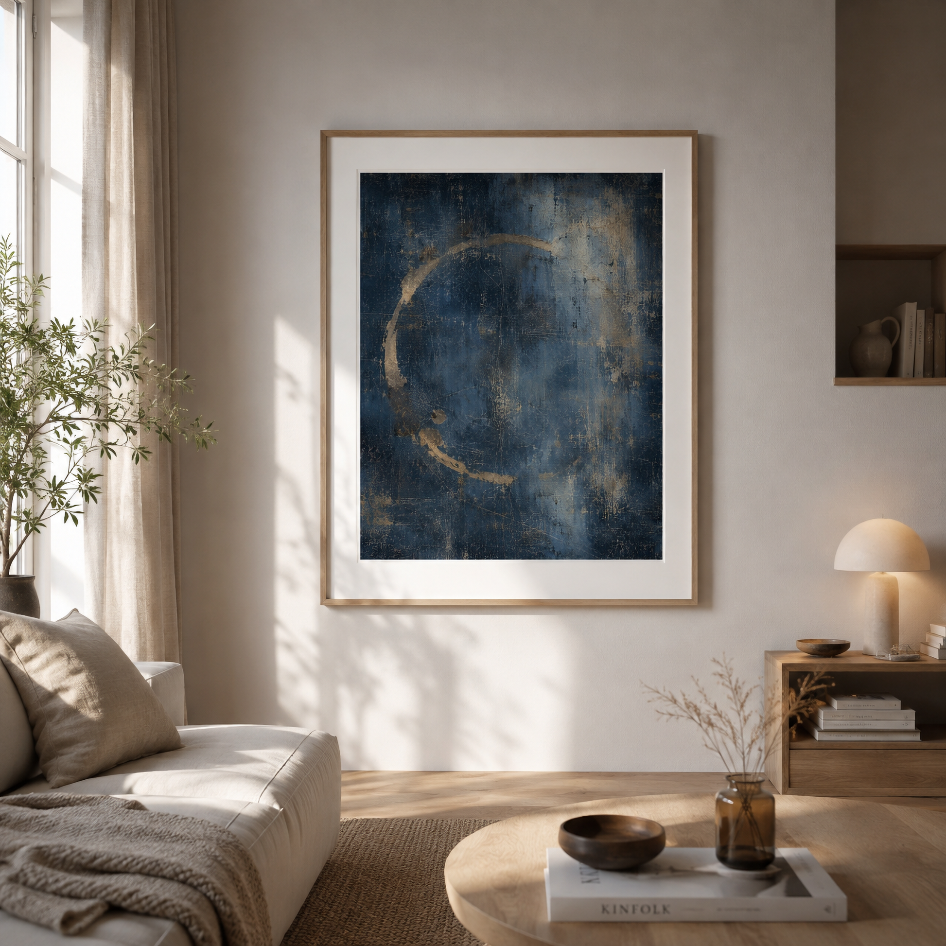 Framed weathered blue abstract artwork with circular water-mark traces displayed in a contemporary interior