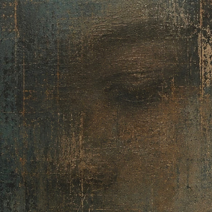 Dark distressed abstract artwork in charcoal, oxidised green and weathered brown with an almost completely concealed human face beneath layered textures